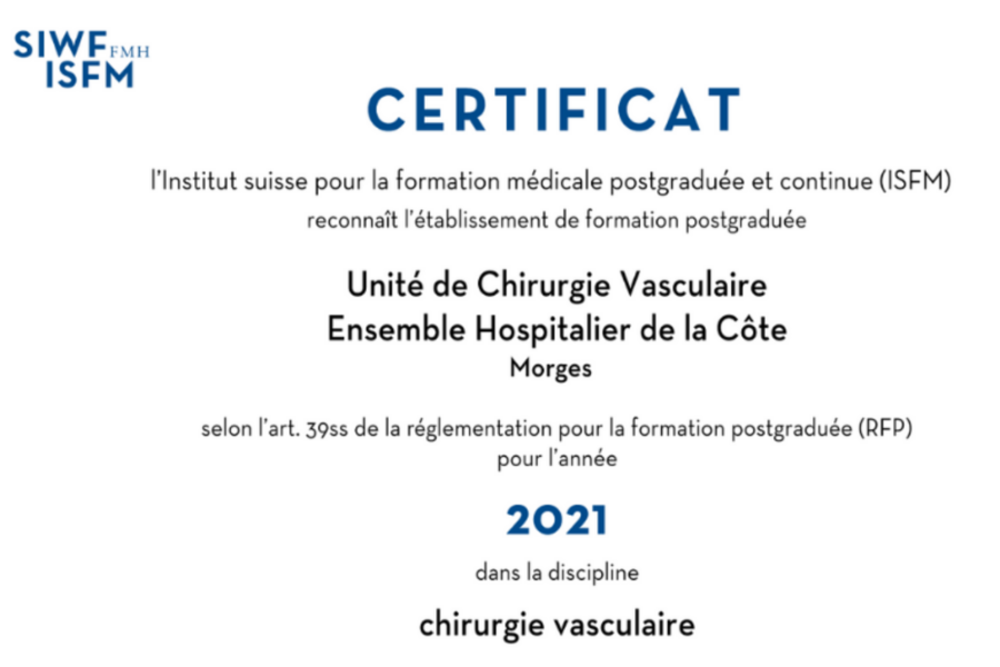 Certification pour la formation post-graduée en chirurgie vasculaire à l'EHC