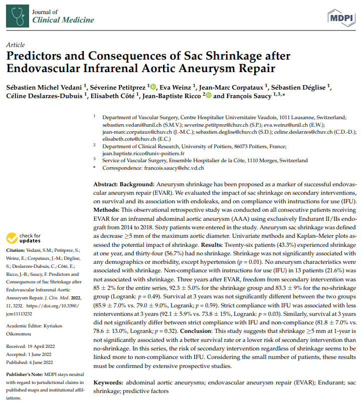 Article scientifique en chirurgie vasculaire dans le Journal of Clinical Medicine 